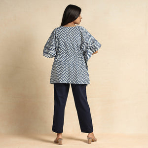 Blue - Hand Block Printed Cotton Kaftan & Pyjama Night Suit Set
