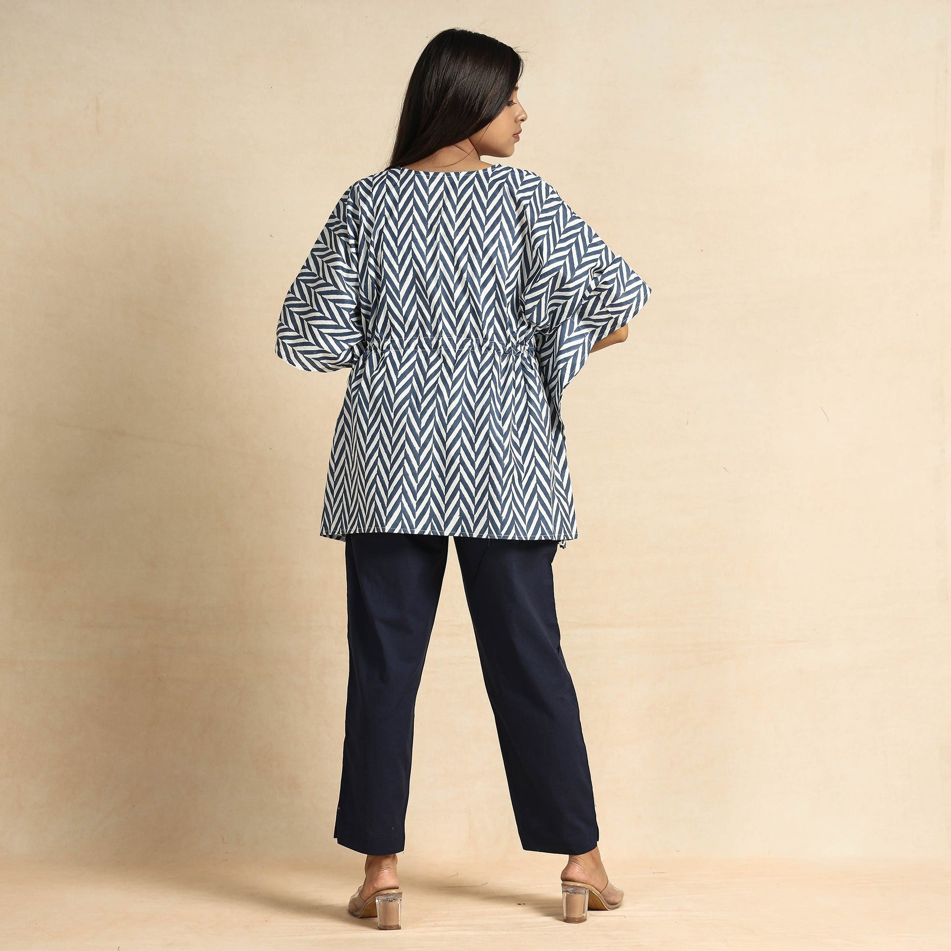 Blue - Hand Block Printed Cotton Kaftan & Pyjama Night Suit Set
