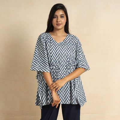 Blue - Hand Block Printed Cotton Kaftan & Pyjama Night Suit Set