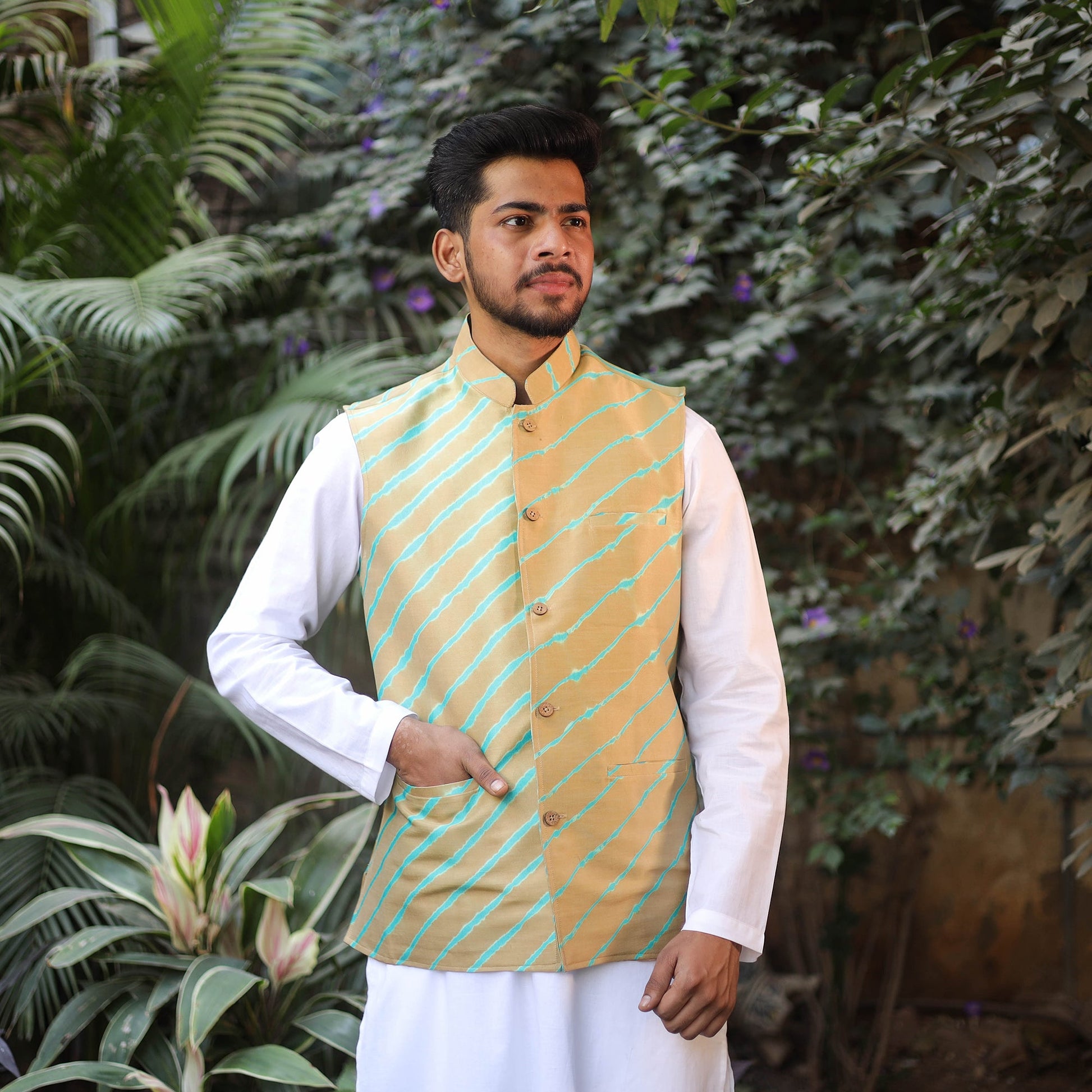 Beige - Leheriya Tie & Dye Chanderi Silk Handloom Nehru Jacket 07