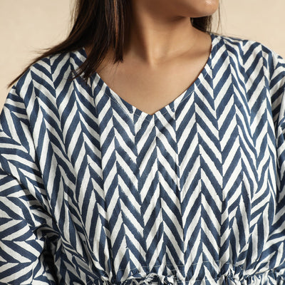 Blue - Hand Block Printed Cotton Kaftan & Pyjama Night Suit Set