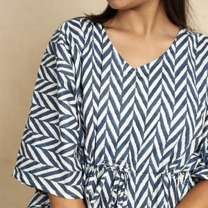 Blue - Hand Block Printed Cotton Kaftan & Pyjama Night Suit Set