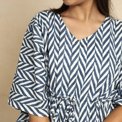 Blue - Hand Block Printed Cotton Kaftan & Pyjama Night Suit Set