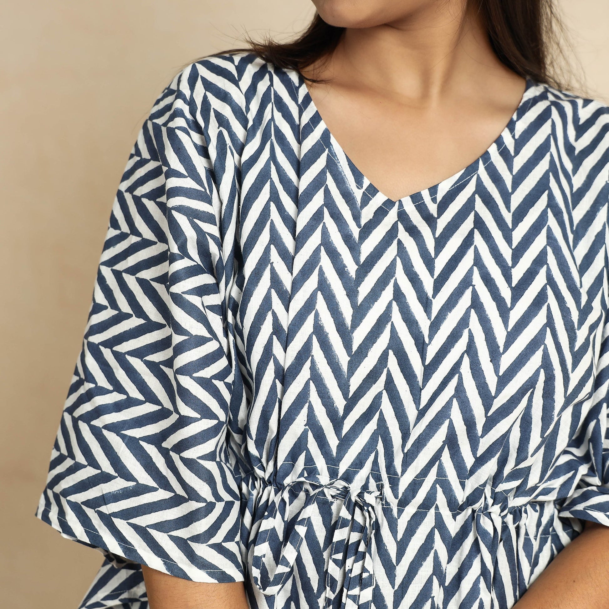 Blue - Hand Block Printed Cotton Kaftan & Pyjama Night Suit Set