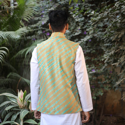 Beige - Leheriya Tie & Dye Chanderi Silk Handloom Nehru Jacket 07