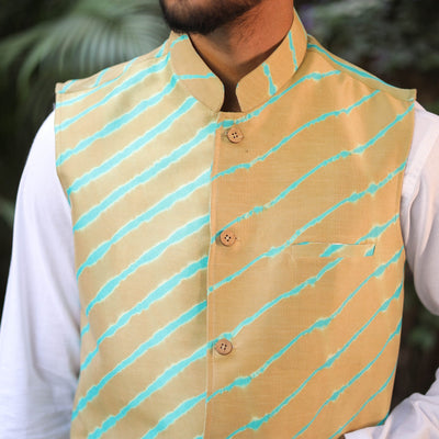 Beige - Leheriya Tie & Dye Chanderi Silk Handloom Nehru Jacket 07