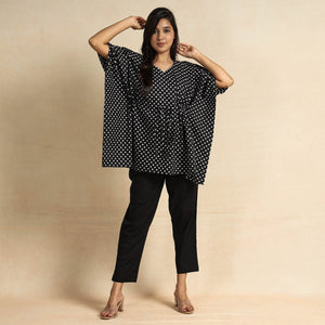 Black - Hand Block Printed Cotton Kaftan & Pyjama Night Suit Set