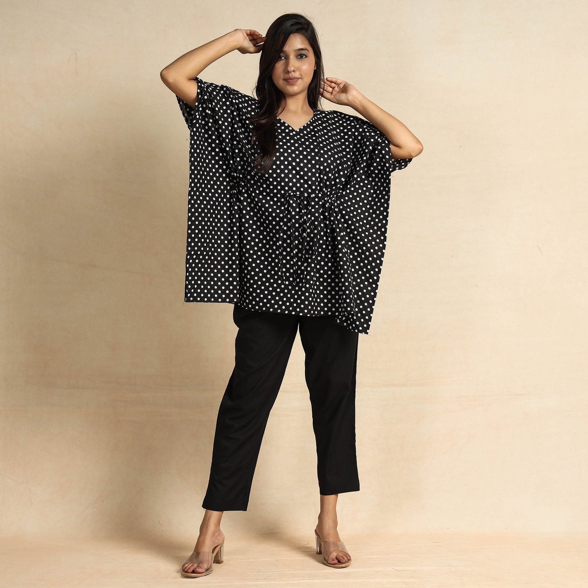 Black - Hand Block Printed Cotton Kaftan & Pyjama Night Suit Set
