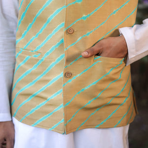 Beige - Leheriya Tie & Dye Chanderi Silk Handloom Nehru Jacket 07