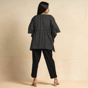 Black - Hand Block Printed Cotton Kaftan & Pyjama Night Suit Set