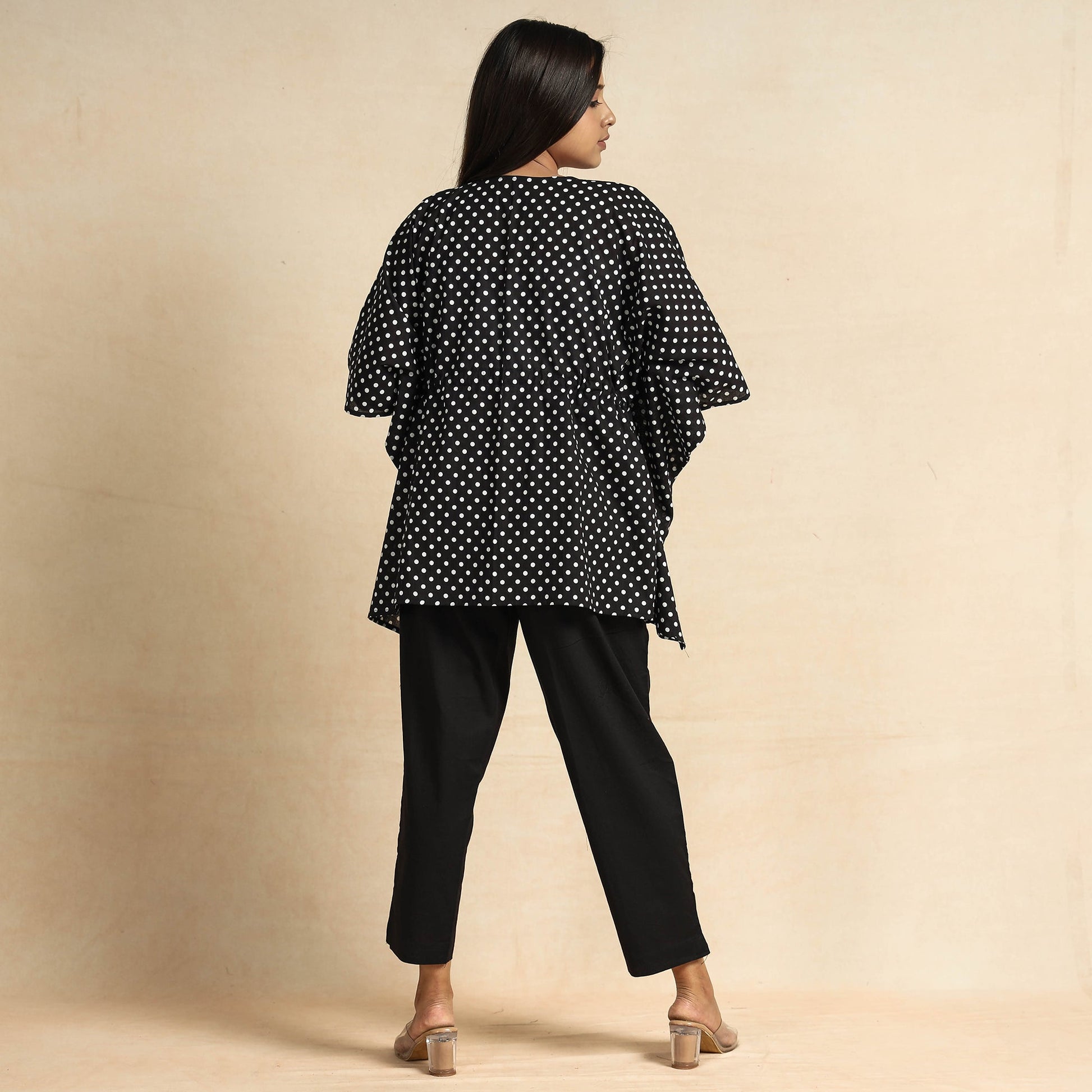 Black - Hand Block Printed Cotton Kaftan & Pyjama Night Suit Set