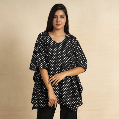 Black - Hand Block Printed Cotton Kaftan & Pyjama Night Suit Set