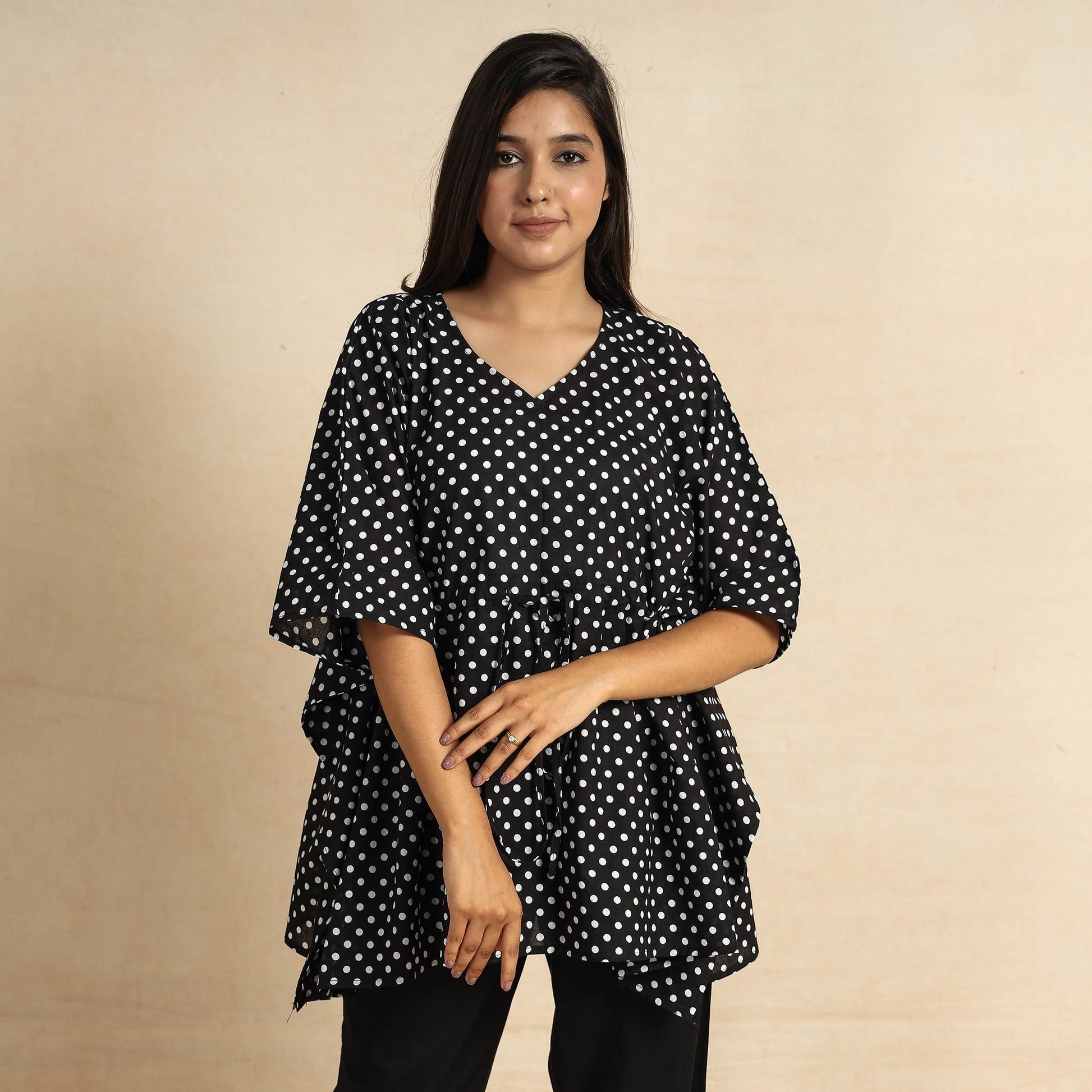 Black - Hand Block Printed Cotton Kaftan & Pyjama Night Suit Set