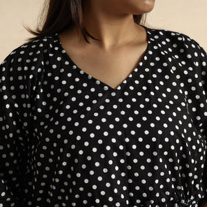 Black - Hand Block Printed Cotton Kaftan & Pyjama Night Suit Set