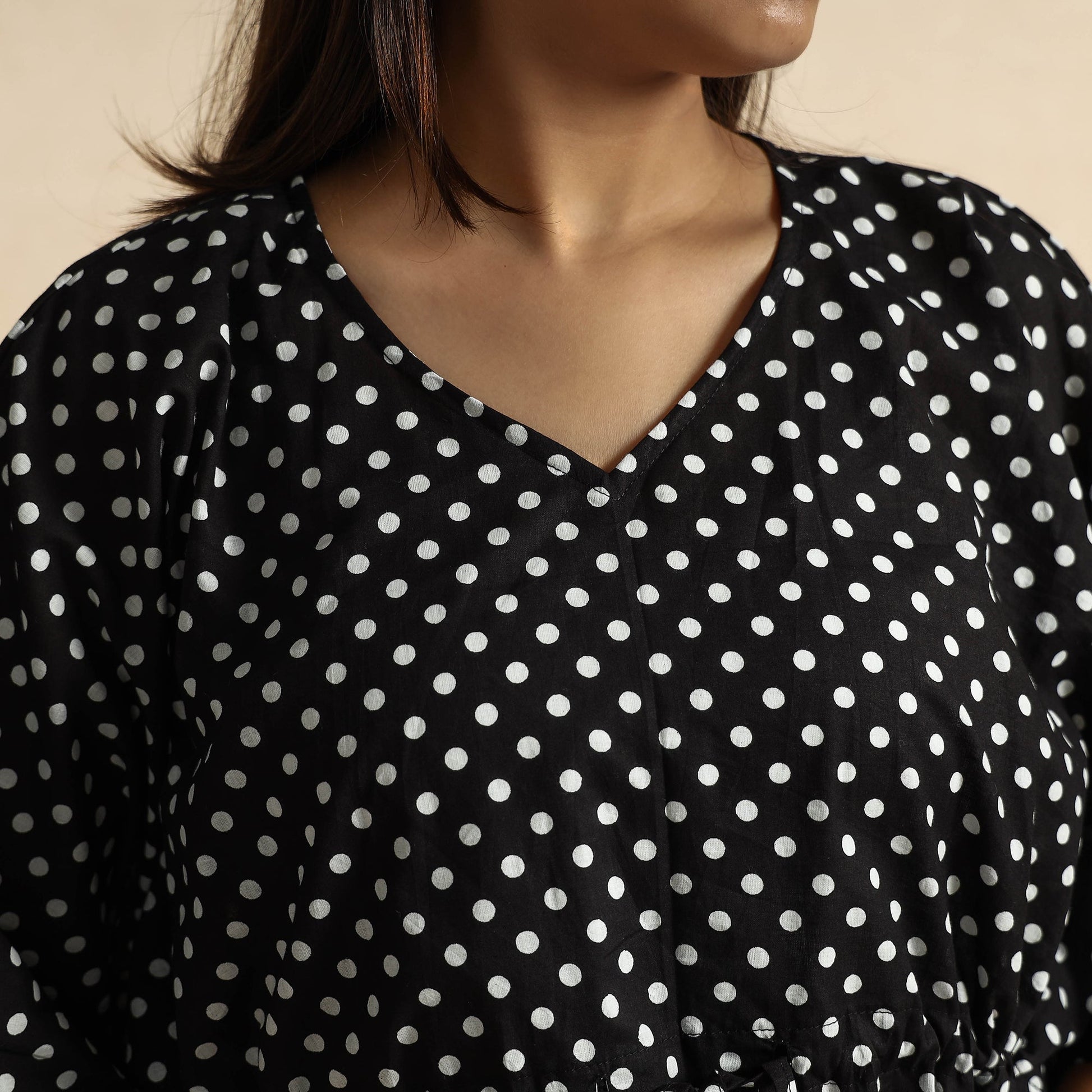 Black - Hand Block Printed Cotton Kaftan & Pyjama Night Suit Set