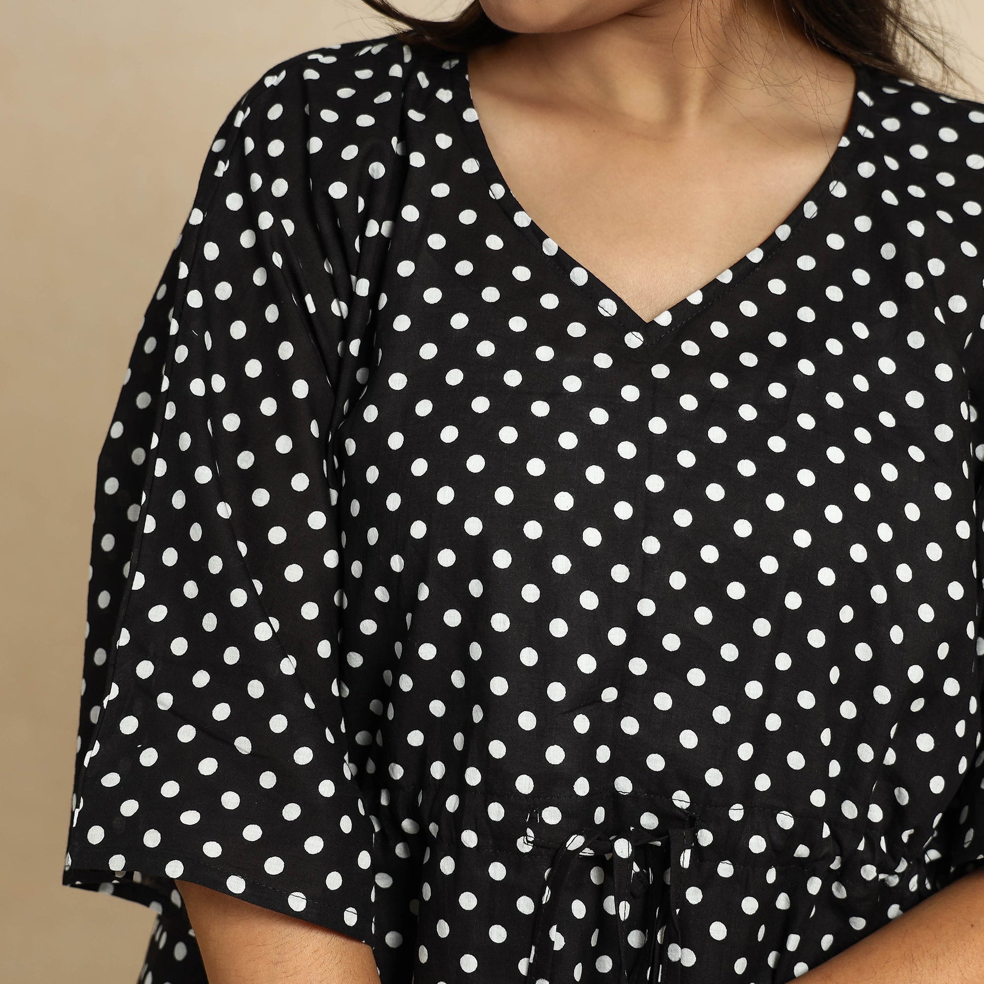 Black - Hand Block Printed Cotton Kaftan & Pyjama Night Suit Set