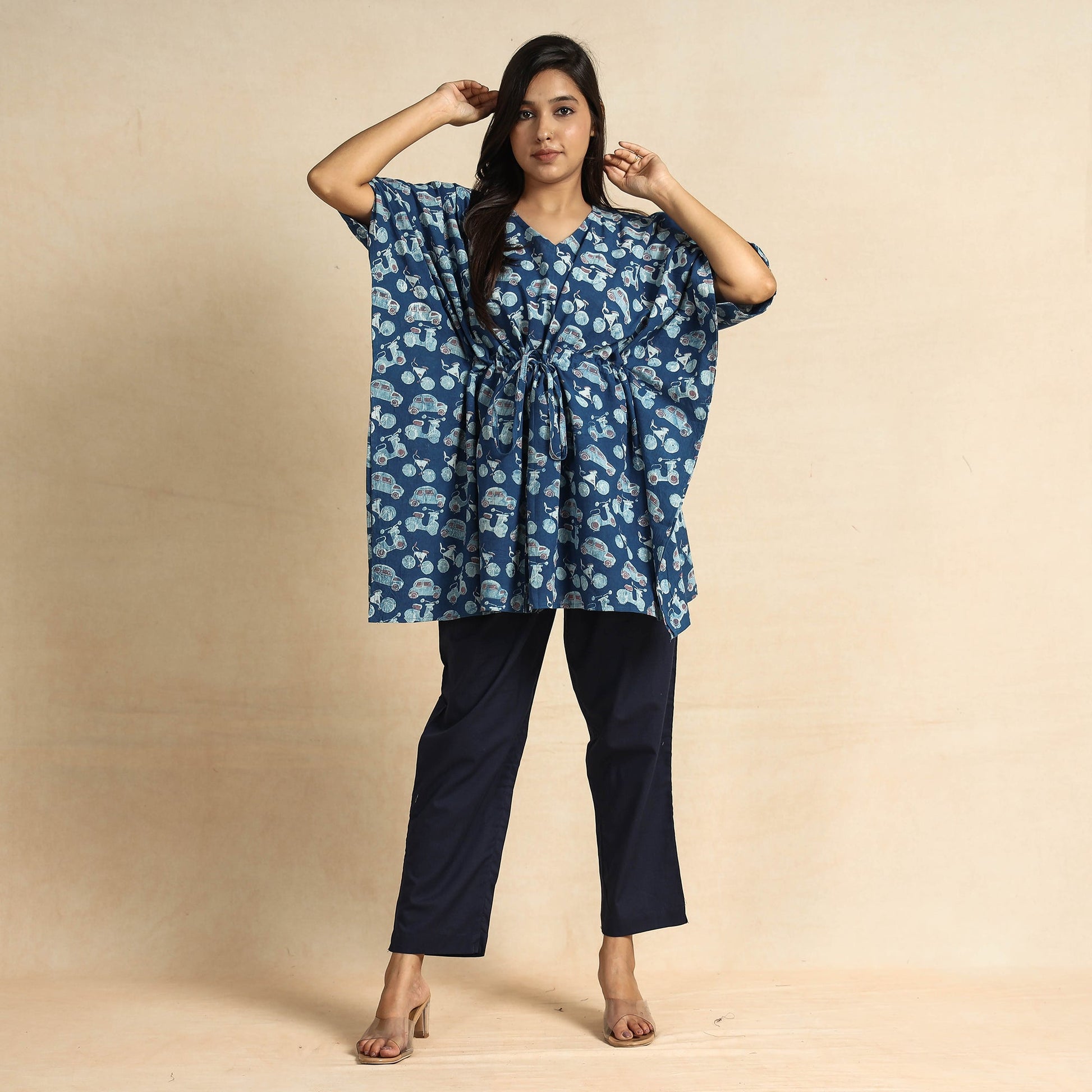 Blue - Bindaas Block Printed Cotton Kaftan & Pyjama Night Suit Set