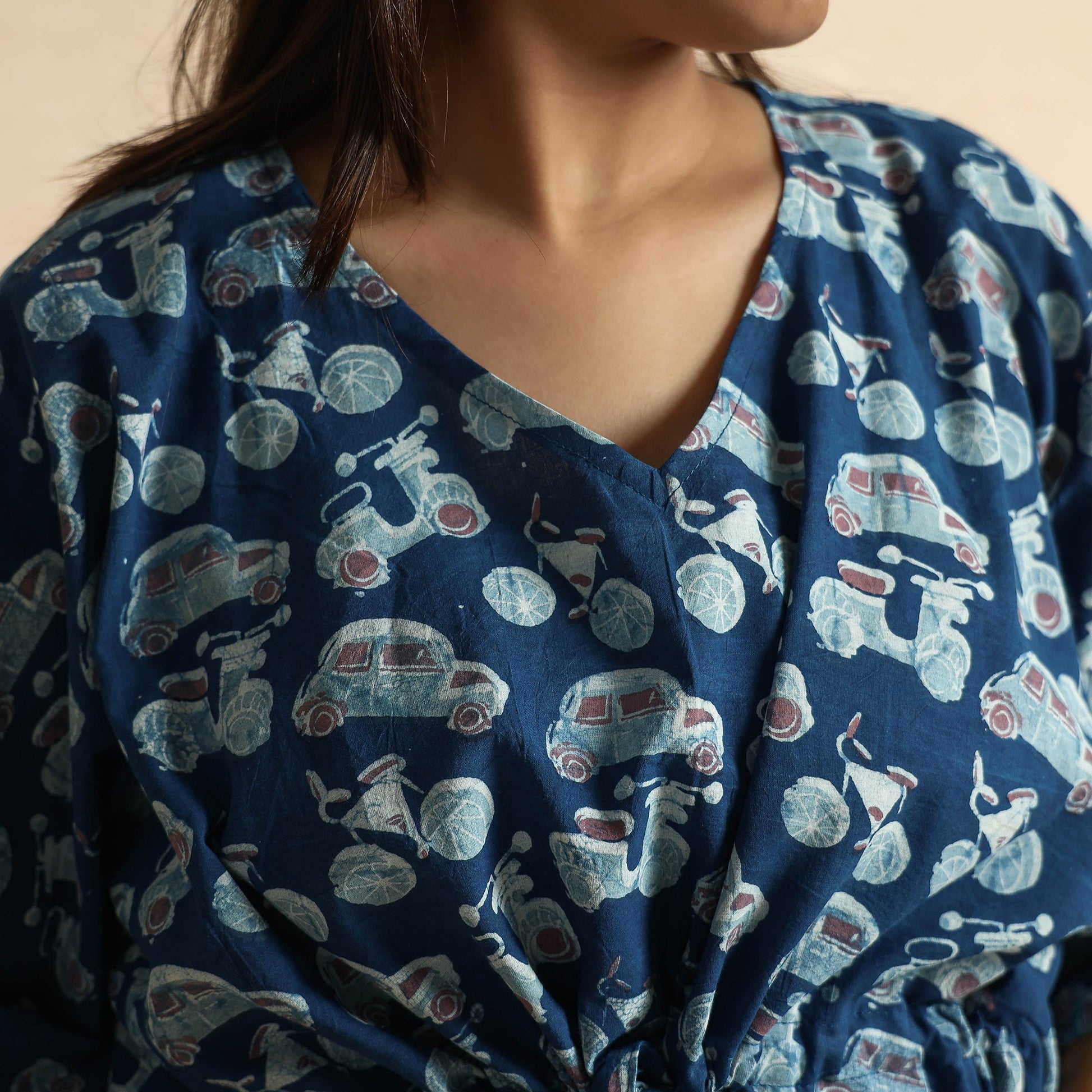 Blue - Bindaas Block Printed Cotton Kaftan & Pyjama Night Suit Set