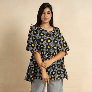 Black - Jaipur Screen Printed Cotton Kaftan & Pyjama Night Suit Set