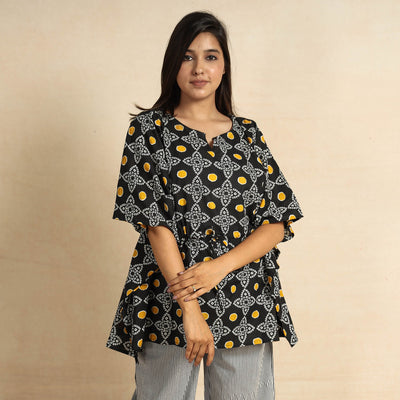 Black - Jaipur Screen Printed Cotton Kaftan & Pyjama Night Suit Set