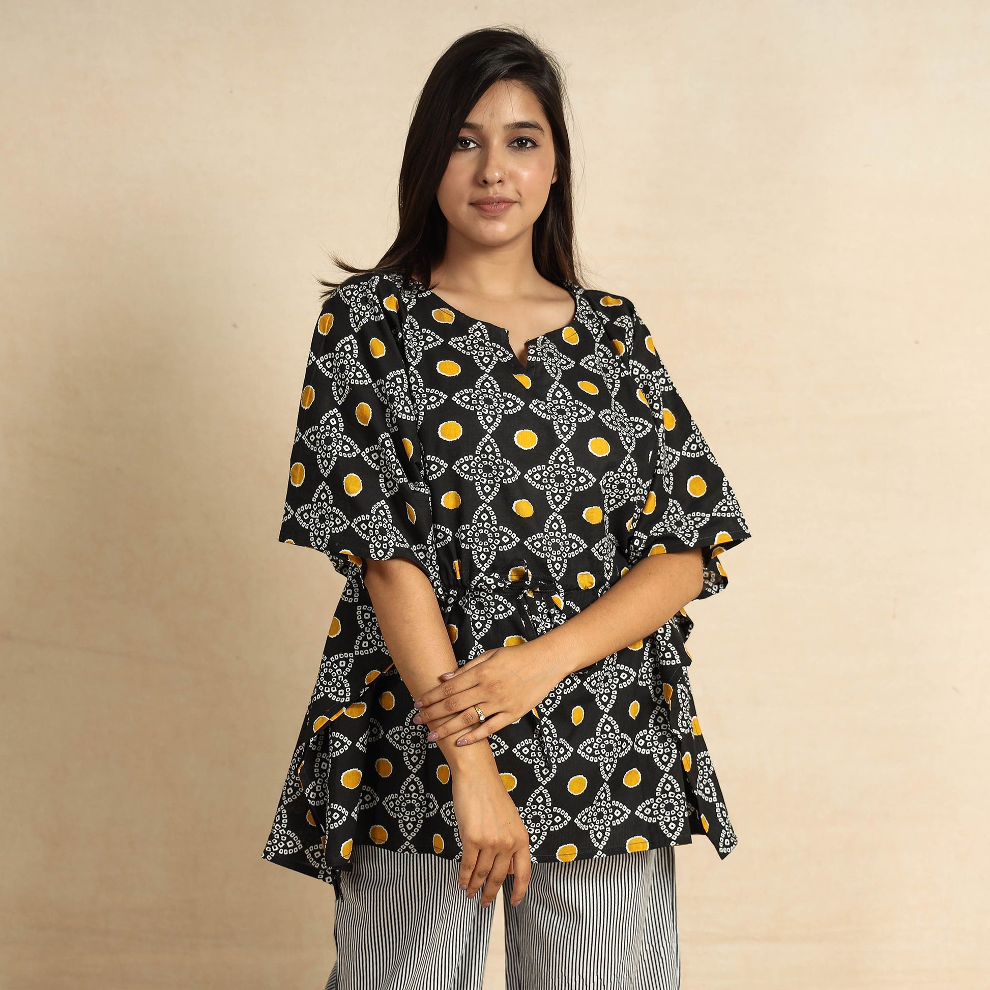 Black - Jaipur Screen Printed Cotton Kaftan & Pyjama Night Suit Set