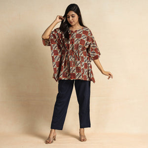 Brown - Ajrakh Block Printed Cotton Kaftan & Pyjama Night Suit Set