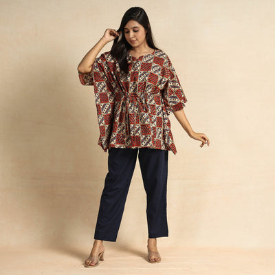 Brown - Ajrakh Block Printed Cotton Kaftan & Pyjama Night Suit Set