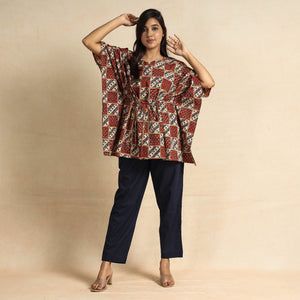 Brown - Ajrakh Block Printed Cotton Kaftan & Pyjama Night Suit Set