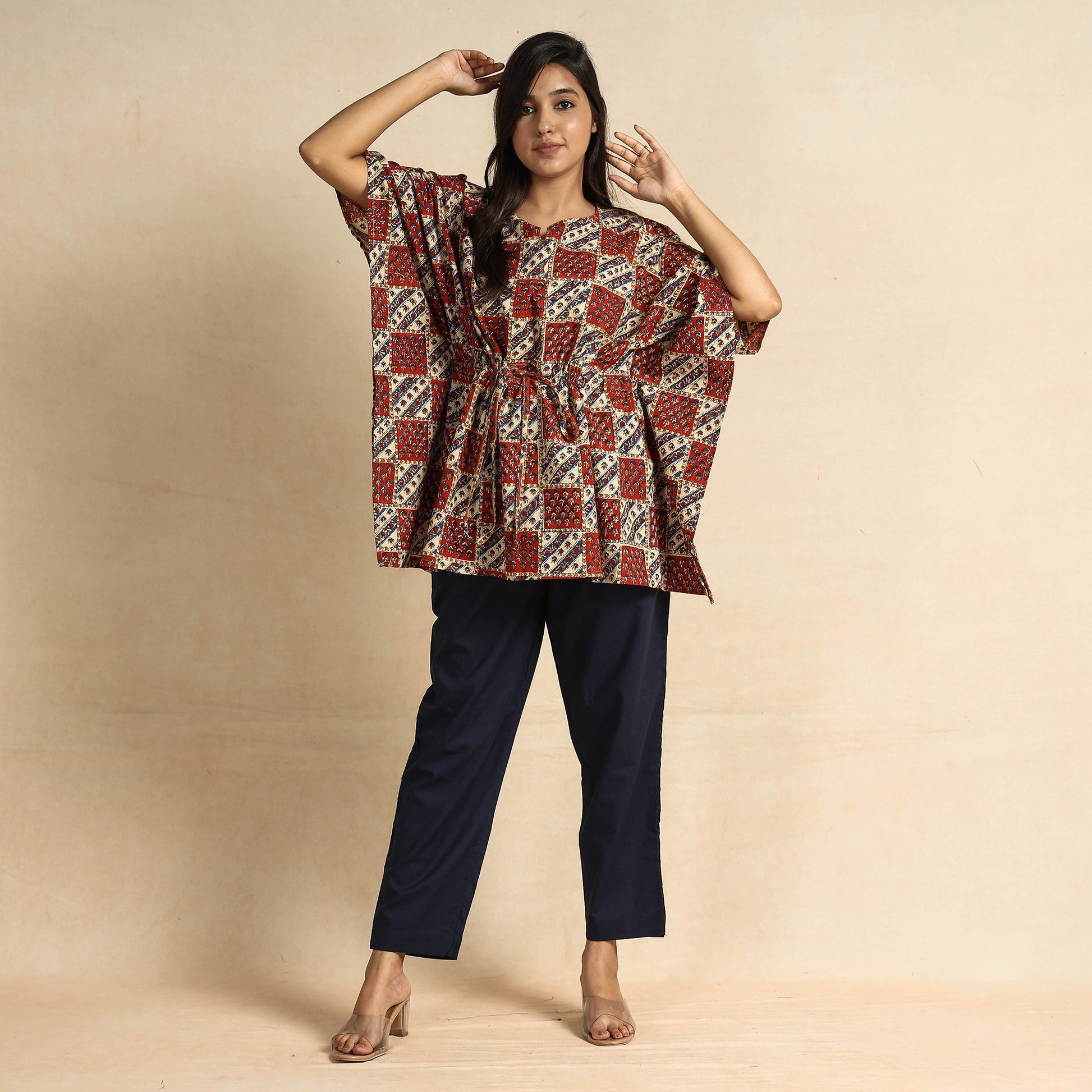 Brown - Ajrakh Block Printed Cotton Kaftan & Pyjama Night Suit Set
