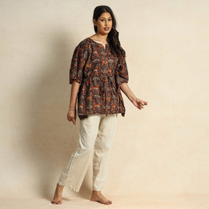 Brown - Hand Block Printed Cotton Kaftan & Pyjama Night Suit Set