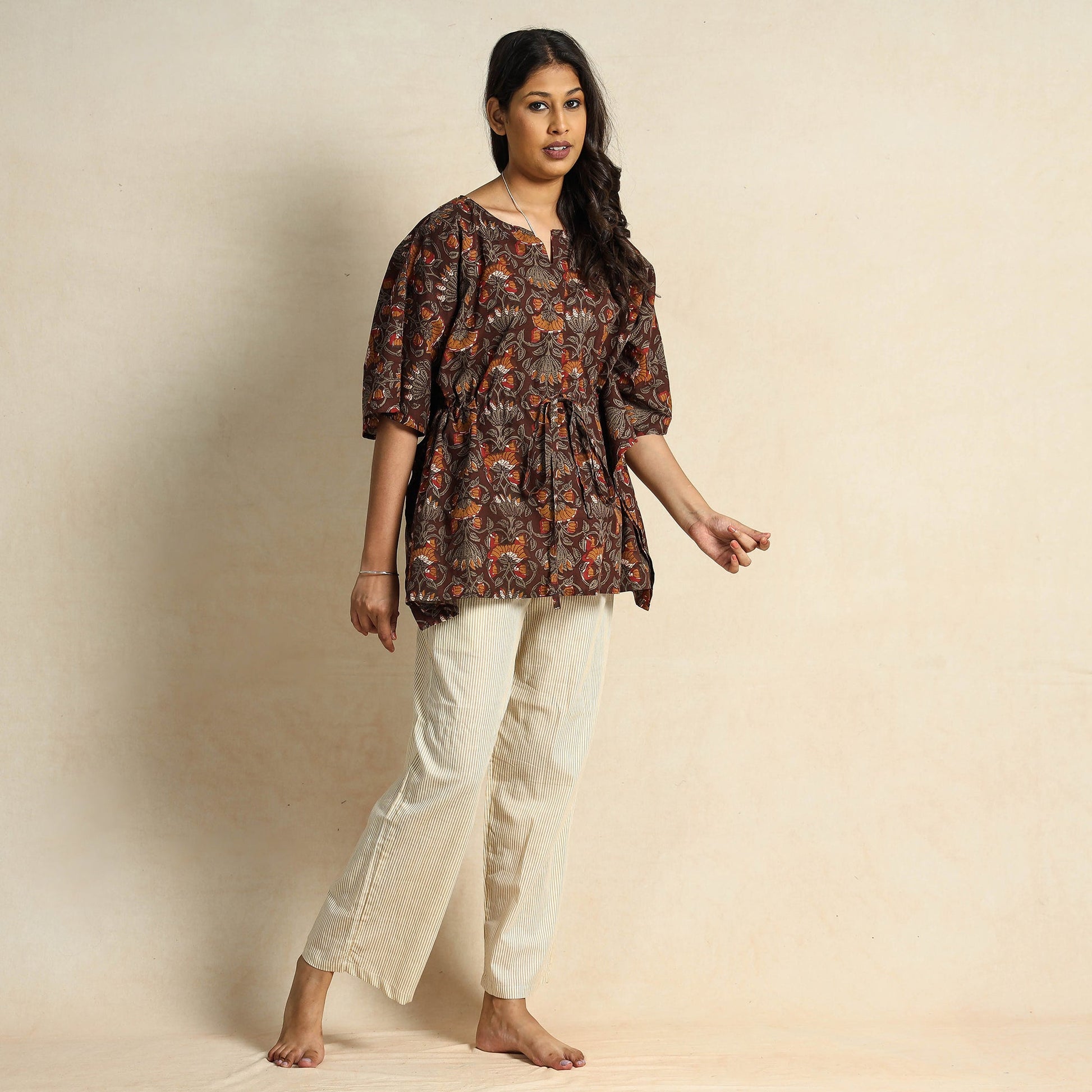 Brown - Hand Block Printed Cotton Kaftan & Pyjama Night Suit Set