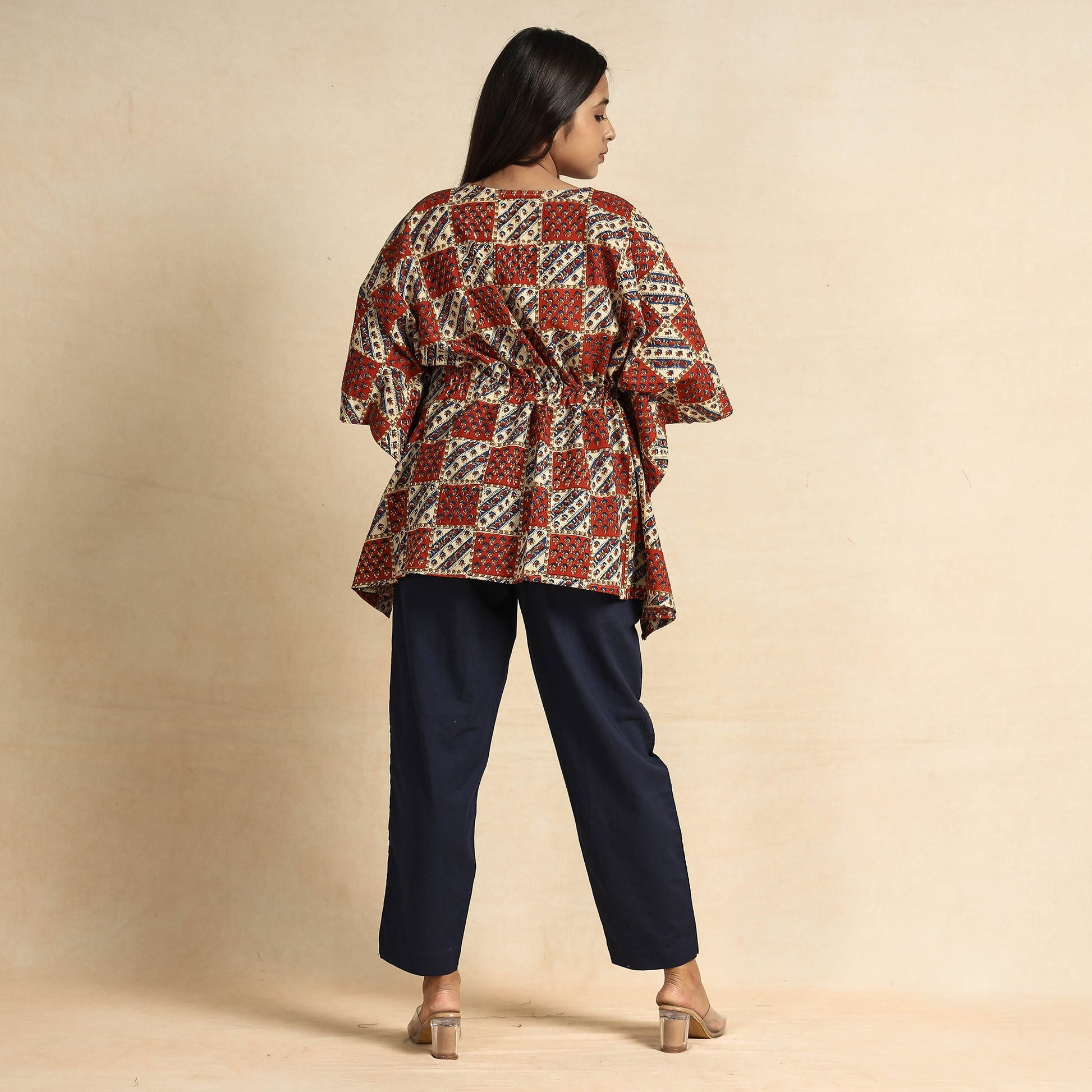 Brown - Ajrakh Block Printed Cotton Kaftan & Pyjama Night Suit Set
