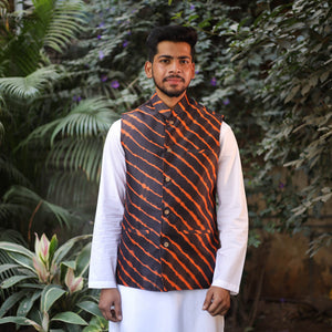 Black - Leheriya Tie & Dye Chanderi Silk Handloom Nehru Jacket 04