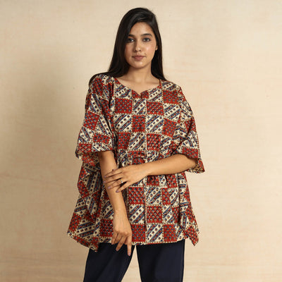 Brown - Ajrakh Block Printed Cotton Kaftan & Pyjama Night Suit Set