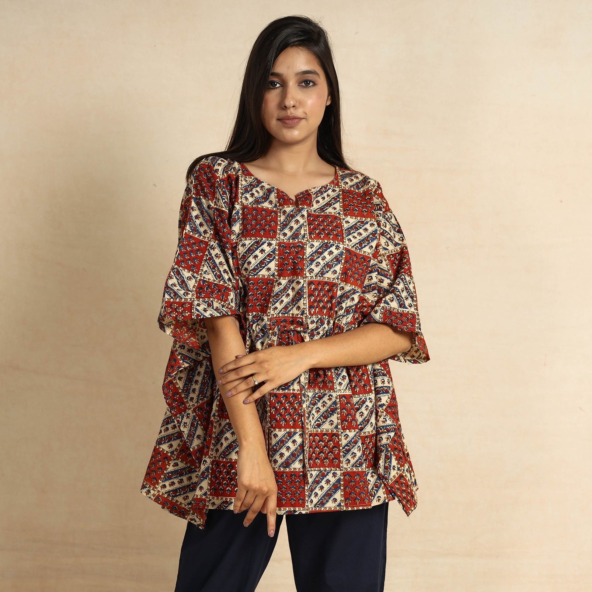 Brown - Ajrakh Block Printed Cotton Kaftan & Pyjama Night Suit Set