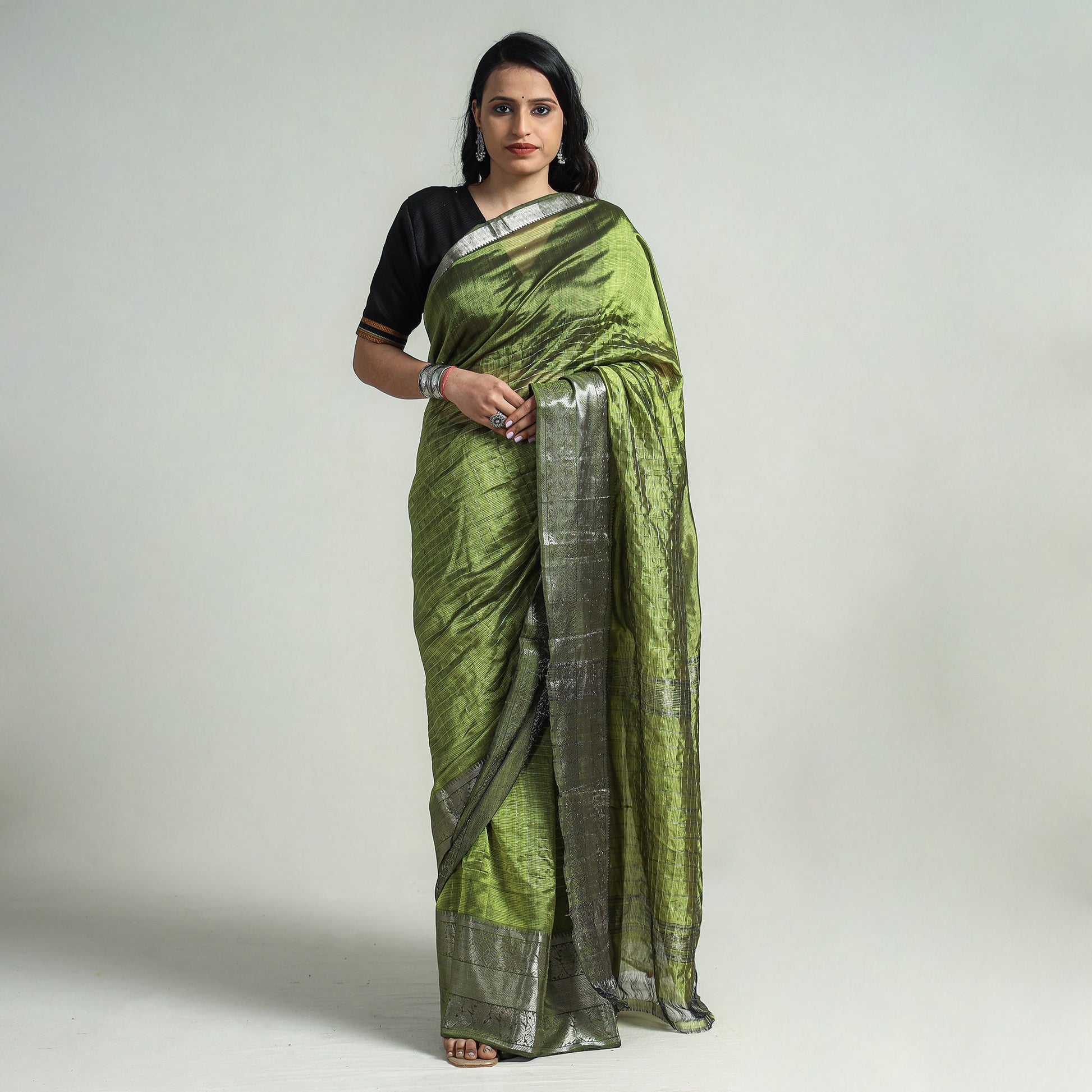 Green - Mangalagiri Handloom Silk-Cotton Zari Stripe Saree