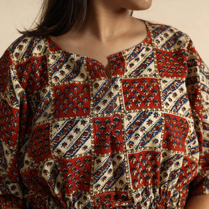 Brown - Ajrakh Block Printed Cotton Kaftan & Pyjama Night Suit Set
