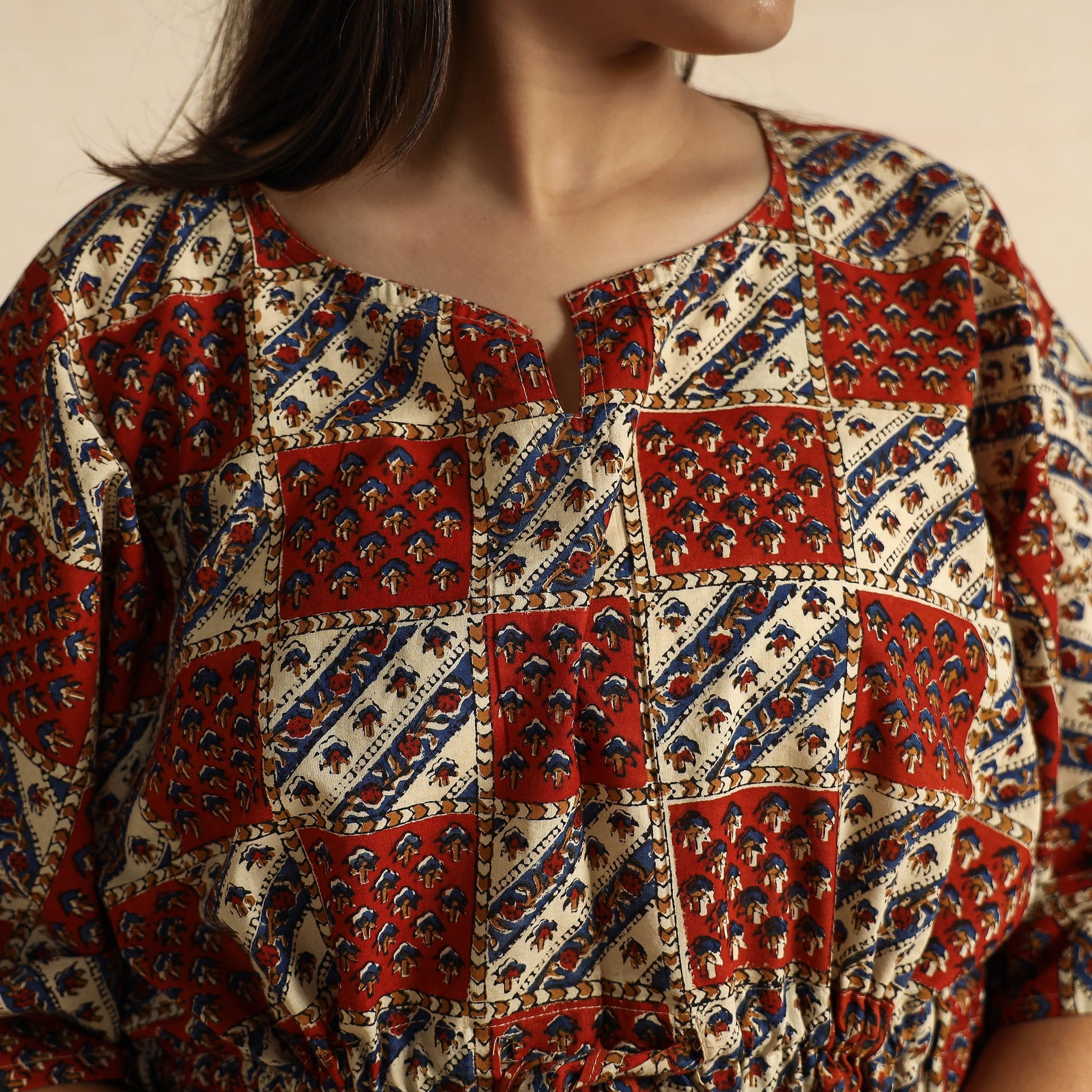 Brown - Ajrakh Block Printed Cotton Kaftan & Pyjama Night Suit Set
