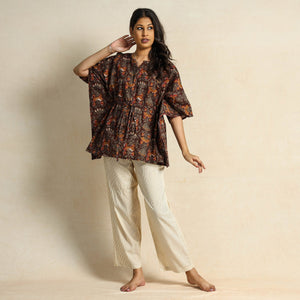 Brown - Hand Block Printed Cotton Kaftan & Pyjama Night Suit Set