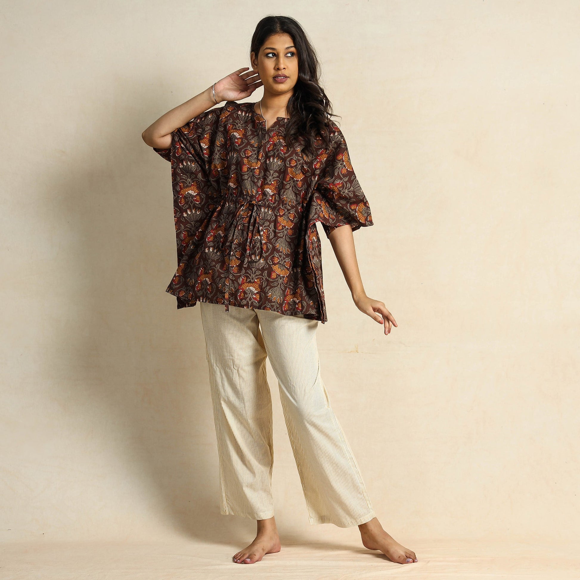 Brown - Hand Block Printed Cotton Kaftan & Pyjama Night Suit Set