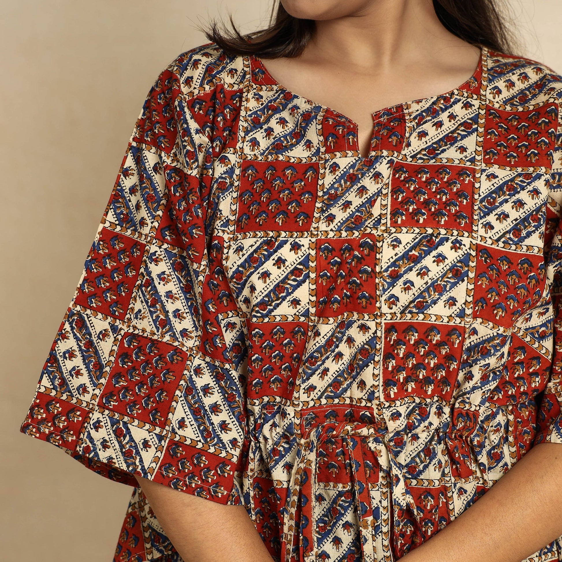 Brown - Ajrakh Block Printed Cotton Kaftan & Pyjama Night Suit Set