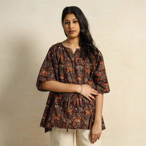 Brown - Hand Block Printed Cotton Kaftan & Pyjama Night Suit Set