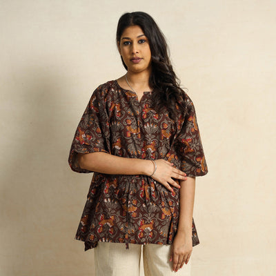 Brown - Hand Block Printed Cotton Kaftan & Pyjama Night Suit Set