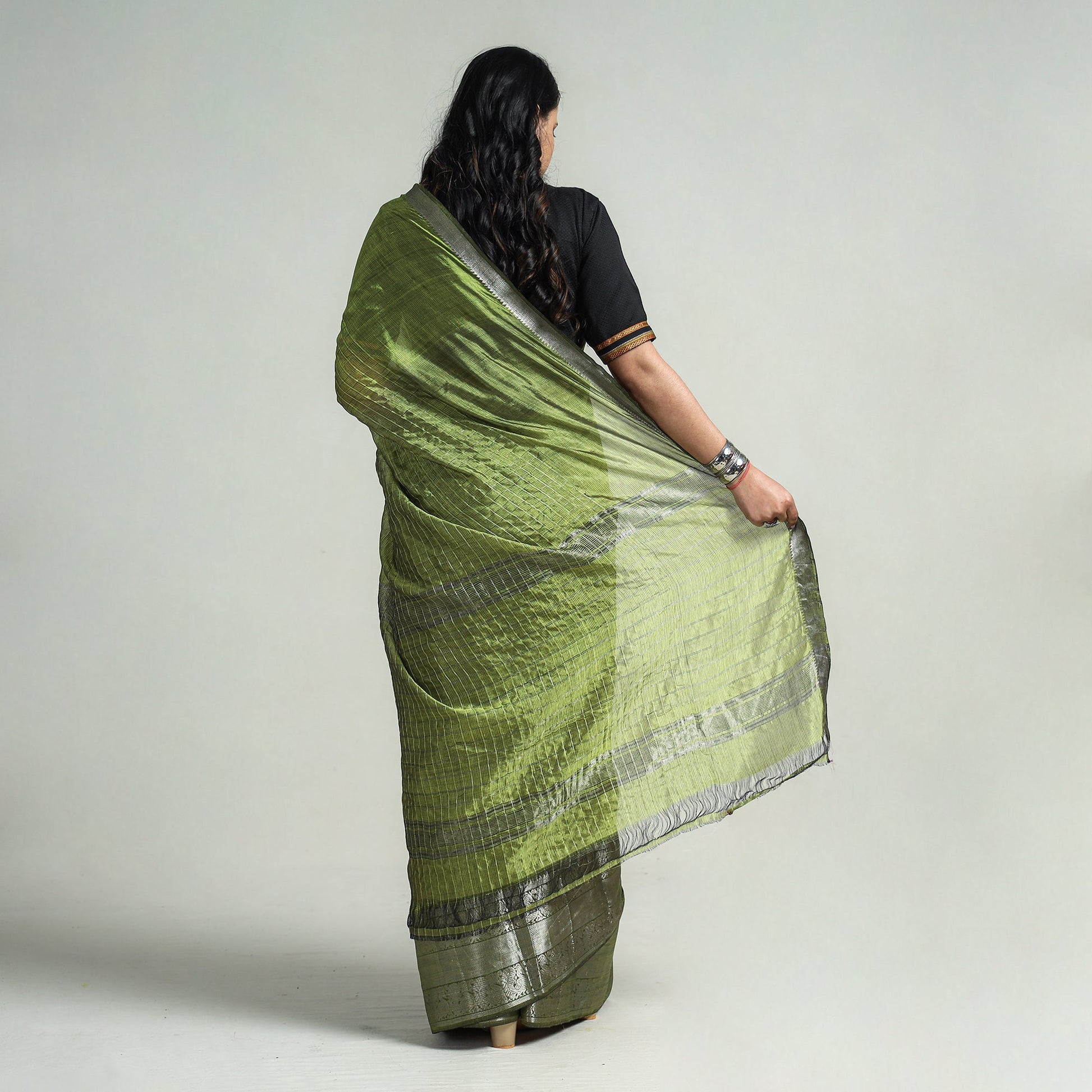 Green - Mangalagiri Handloom Silk-Cotton Zari Stripe Saree
