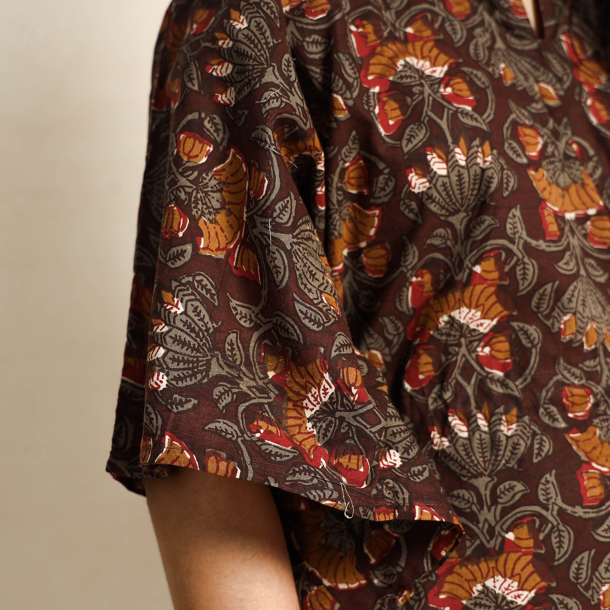 Brown - Hand Block Printed Cotton Kaftan & Pyjama Night Suit Set