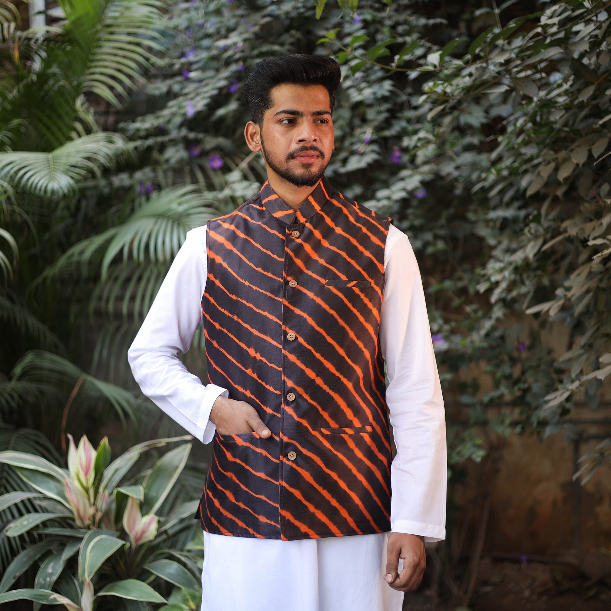 Black - Leheriya Tie & Dye Chanderi Silk Handloom Nehru Jacket 04