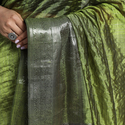 Green - Mangalagiri Handloom Silk-Cotton Zari Stripe Saree