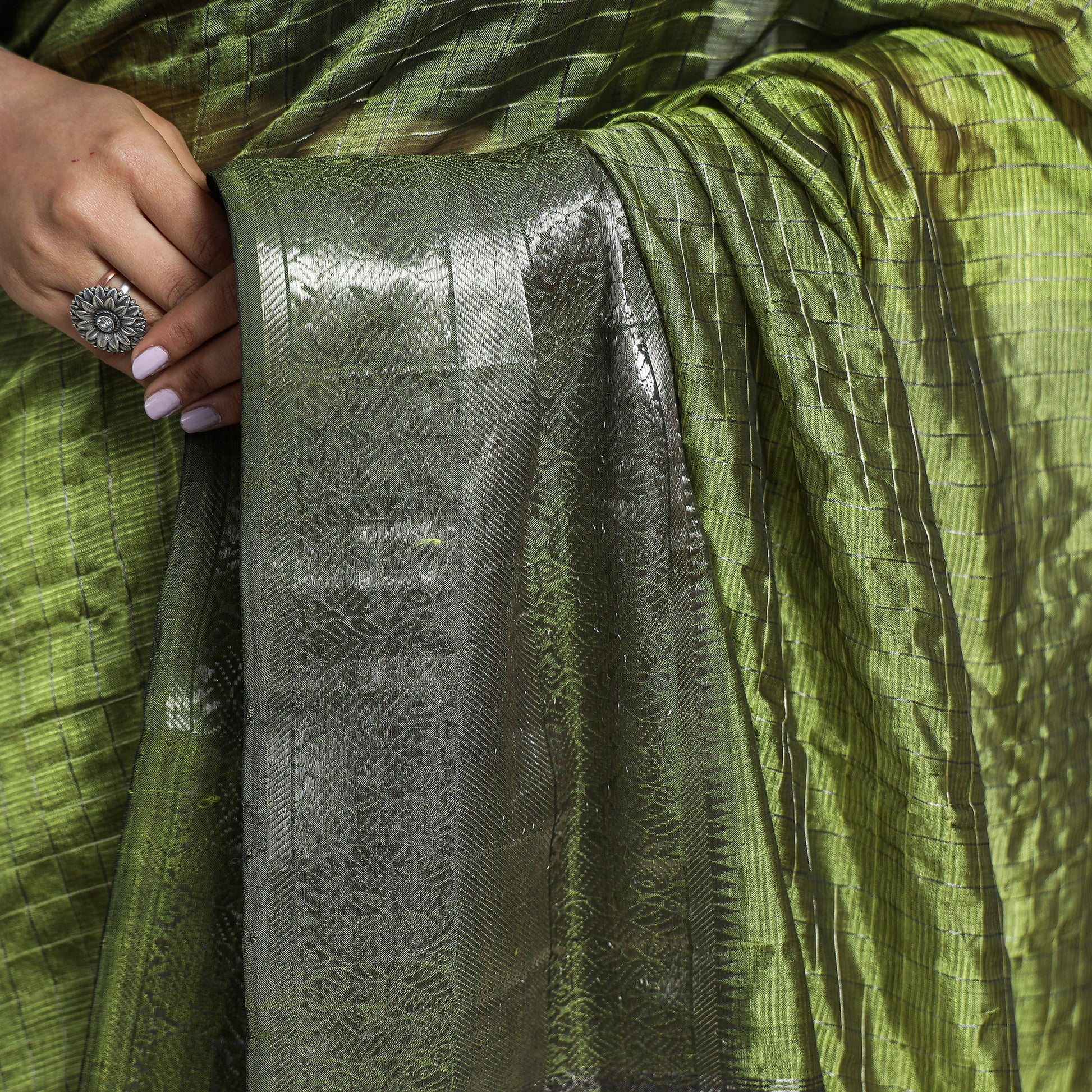 Green - Mangalagiri Handloom Silk-Cotton Zari Stripe Saree