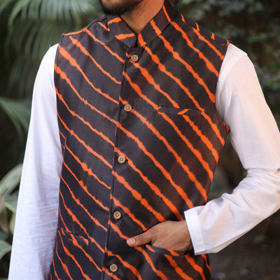 Black - Leheriya Tie & Dye Chanderi Silk Handloom Nehru Jacket 04