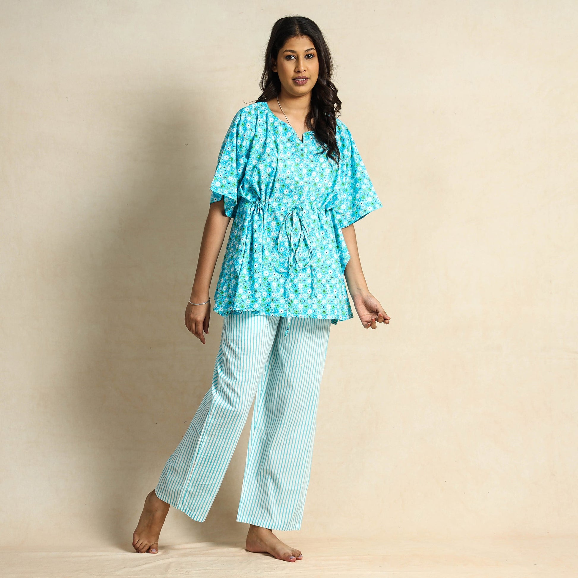 Blue - Block Printed Cotton Kaftan Pyjama Night Suit Set